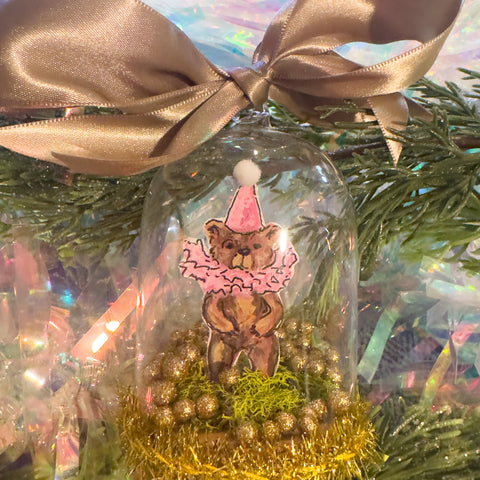 "Circus Bear with Pink Hat" Snow Globe Christmas Ornament