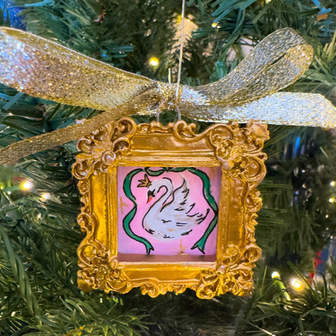 Sugarplum Christmas Ornament ~ Swan with Green Ribbon
