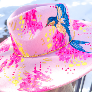 "Sweet Swallow Abstract” Light Pink Vegan Felt Hand Painted Hat