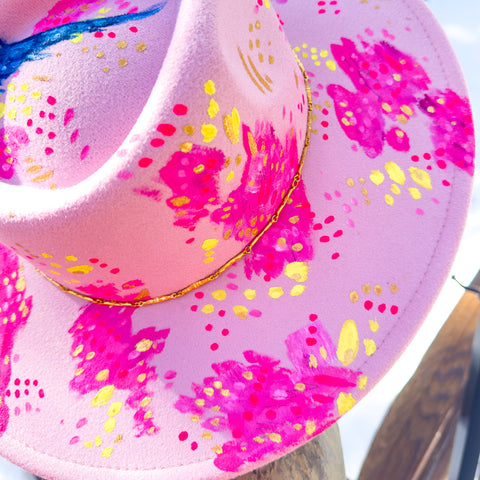 "Sweet Swallow Abstract” Light Pink Vegan Felt Hand Painted Hat