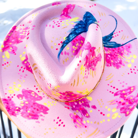 "Sweet Swallow Abstract” Light Pink Vegan Felt Hand Painted Hat
