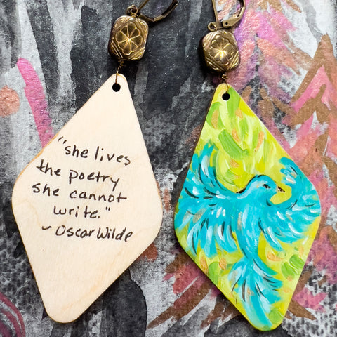 "Bluebirds & Poetry"  Hand Painted Art Earrings