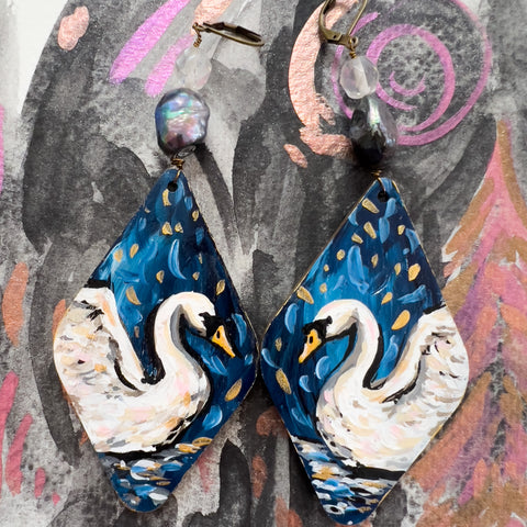 "Fabled Swans"  Hand Painted Art Earrings