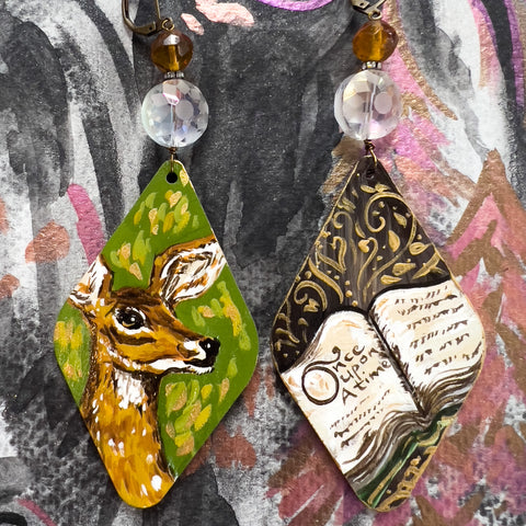 "Once Upon a Time Book & Deer" Hand Painted Art Earrings