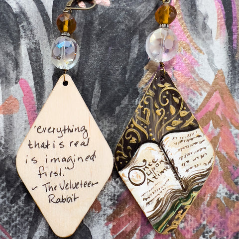 "Once Upon a Time Book & Deer" Hand Painted Art Earrings