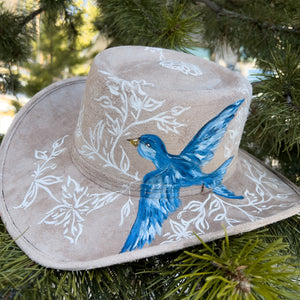 "Bluebird of Happiness" Western Brim Vegan Suede Hand Painted Hat