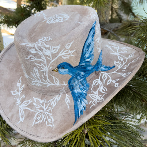 "Bluebird of Happiness" Western Brim Vegan Suede Hand Painted Hat