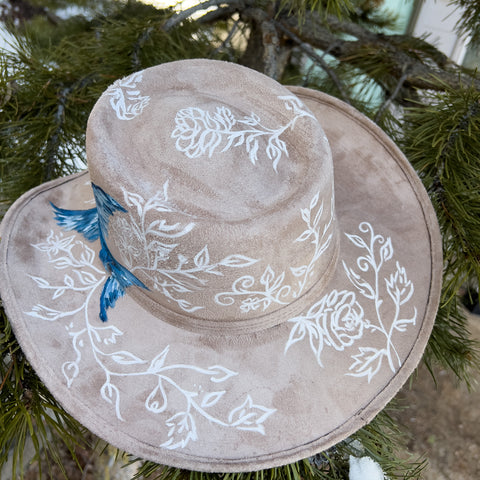 "Bluebird of Happiness" Western Brim Vegan Suede Hand Painted Hat