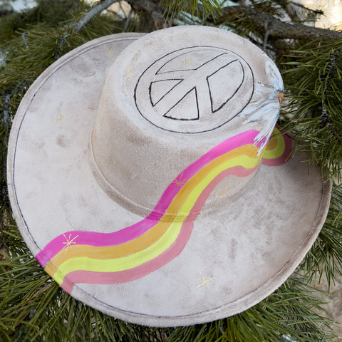 "Peace, Daisies & Magic" Western Brim Vegan Suede Hand Painted Hat