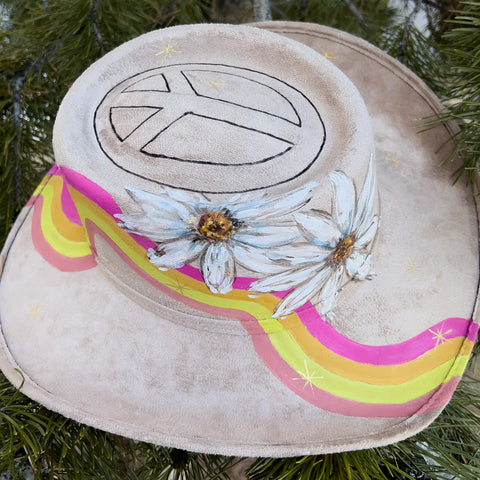 "Peace, Daisies & Magic" Western Brim Vegan Suede Hand Painted Hat