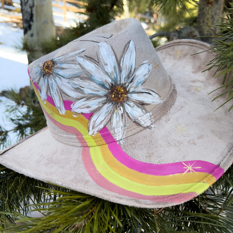 "Peace, Daisies & Magic" Western Brim Vegan Suede Hand Painted Hat