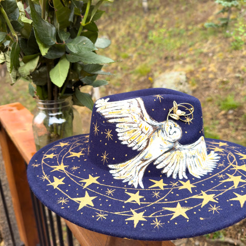 "Celestial Owl" Dark Blue Vegan Felt Hand Painted Hat with Vintage Brooch