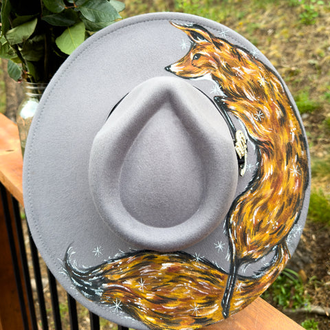 "My Visitor, the Fox" Gray Vegan Felt Hand Painted Hat with Vintage Rhinestone Brooch