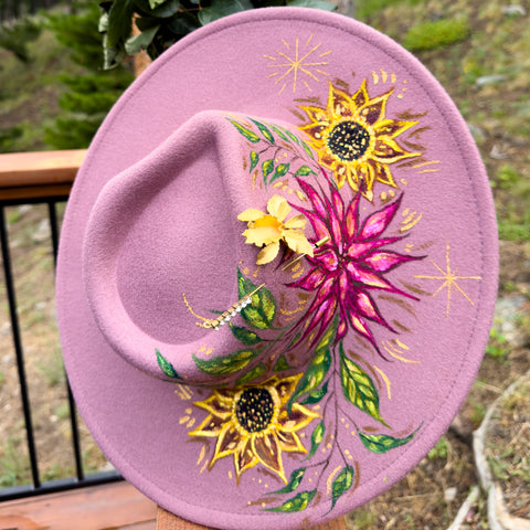 "Autumn" Deep Plum Vegan Felt Hand Painted Hat with Vintage Floral Brooch and Rhinestone Hat Pin