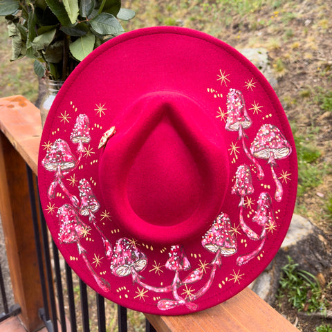 "Red Mushroom” Dark Red Vegan Felt Hand Painted Hat with Vintage Rhinestone Heart Pin