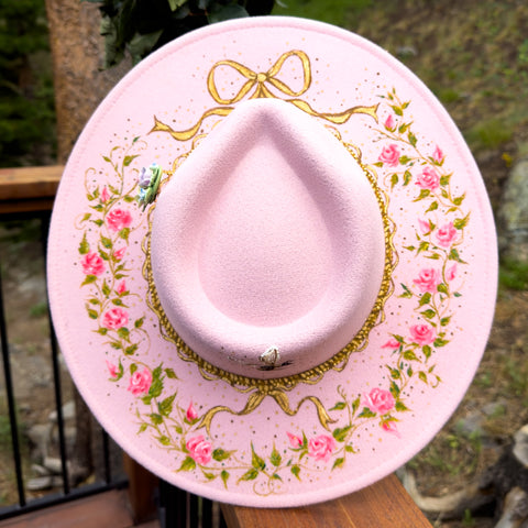 "Bridgerton Rose" Light Pink Vegan Felt Hand Painted Hat with Vintage Limoges Floral Pin