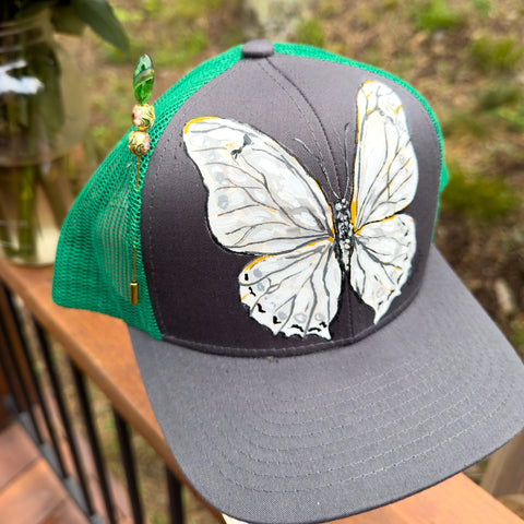 "White Morpho Butterfly"  Gray & Green Hand Painted Trucker Hat