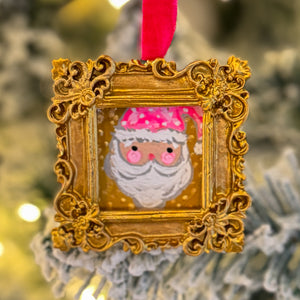 Sugarplum Christmas Ornament ~ Pink Santa (Gold Frame)
