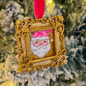 Sugarplum Christmas Ornament ~ Pink Santa (Gold Frame)