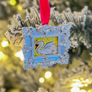 Sugarplum Christmas Ornament ~ Yellow Swan (Silver Frame)