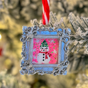 Sugarplum Christmas Ornament ~ Snowman (Silver Square Frame)