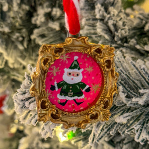 Sugarplum Christmas Ornament ~ Green Santa (Gold Frame)