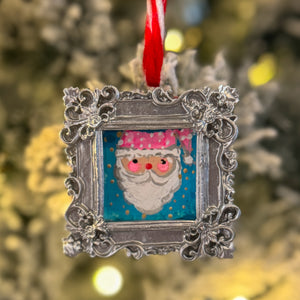Sugarplum Christmas Ornament ~ Pink Santa (Silver Frame)