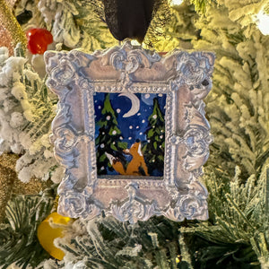 Sugarplum Christmas Ornament ~ Sunset the Fox & The Moon (Silver Square Frame)