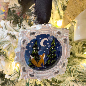 Sugarplum Christmas Ornament ~ Sunset the Fox & The Moon (Silver Circle Frame)