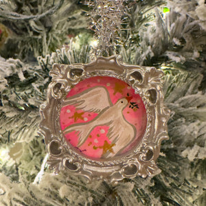 Sugarplum Christmas Ornament ~ Pink Dove (Silver Frame)