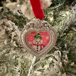 Sugarplum Christmas Ornament ~ Snowman (Silver Heart Frame)