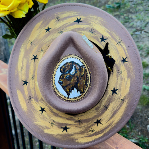 "Sko Buffs”  CU Buffalo Camel Vegan Felt Hand Painted Hat with Vintage Rhinestone Pin