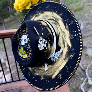 "Dia de los Muertos” Black Vegan Felt Hand Painted Hat with Vintage Rhinestone Pin