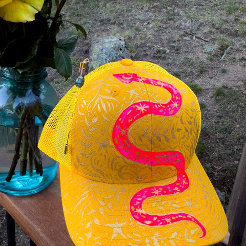 "Sacred Hot Pink Snake"  Yellow Hand Painted Trucker Hat