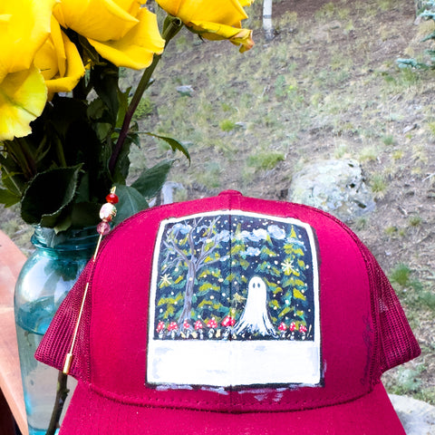 "Ghost & Mushroom Polaroid"  Burgundy Hand Painted Trucker Hat