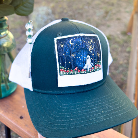 "Polaroid- Ghost in a Field of Mushrooms" Dark Green & White Hand Painted Trucker Hat