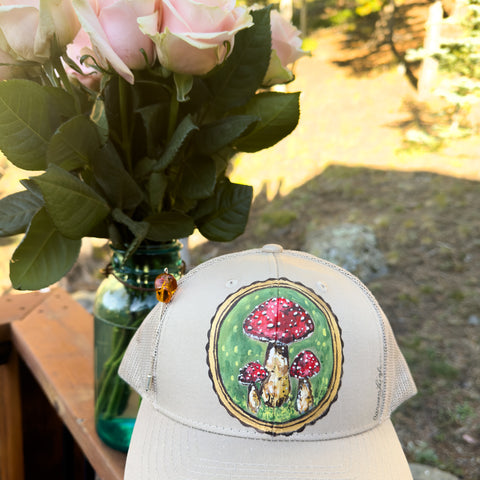 "1970's Mushrooms"  Tan Hand Painted Trucker Hat