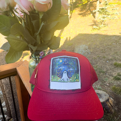 "Gus the Ghost Polaroid"  Burgundy Hand Painted Trucker Hat