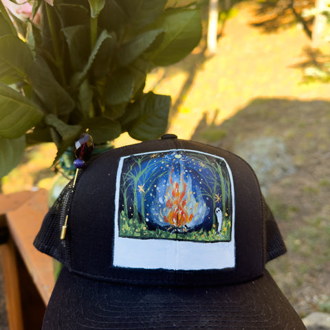 "Ghost & the Witch's Fire Polaroid" Black Hand Painted Trucker Hat