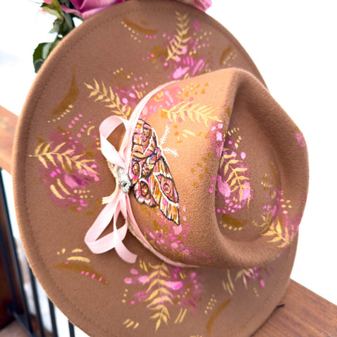 "Fairylike Moth” Camel Vegan Felt Hand Painted Hat with Vintage Rhinestone Clip