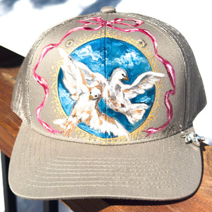 "Doves with Pink Bow" Hand Painted Trucker Hat