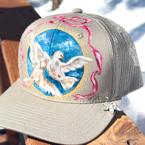 "Doves with Pink Bow" Hand Painted Trucker Hat