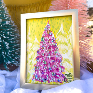 "Snowball" Candy Cane Forest Christmas Tree Original Acrylic Painting 5"x7"