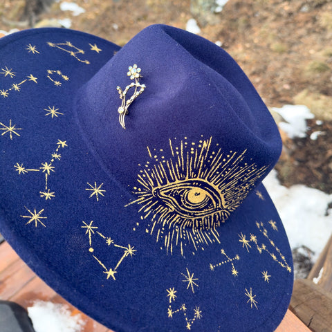 "Celestial" Dark Blue Vegan Felt Hat with Rhinestone Brooch