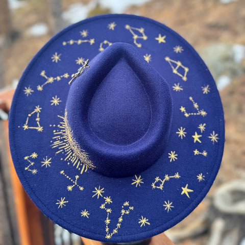 "Celestial" Dark Blue Vegan Felt Hat with Rhinestone Brooch