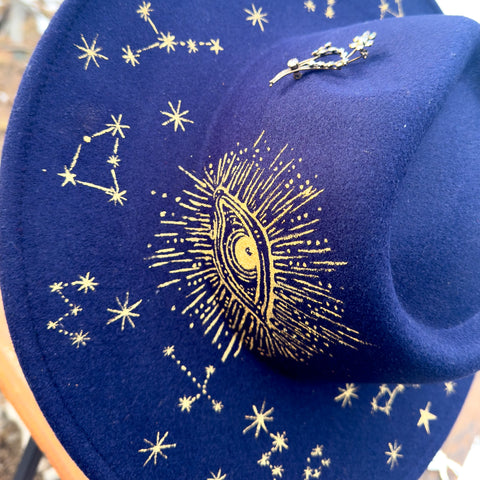 "Celestial" Dark Blue Vegan Felt Hat with Rhinestone Brooch
