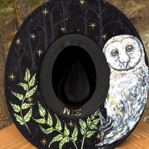 "Spirit Animal~Owl" Black Vegan Suede Hand Painted Hat