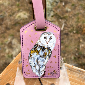 "Owl" Hand Painted Leather Luggage Tag