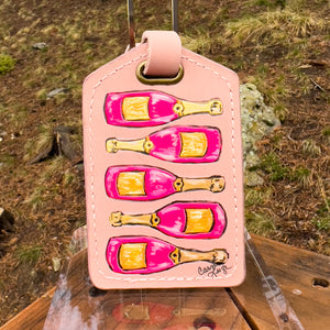 "Pink Champagne" Hand Painted Leather Luggage Tag