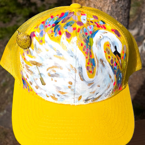 Hand Painted Trucker Hat - "Yellow with Swan" with Vintage Bead Hat Pin